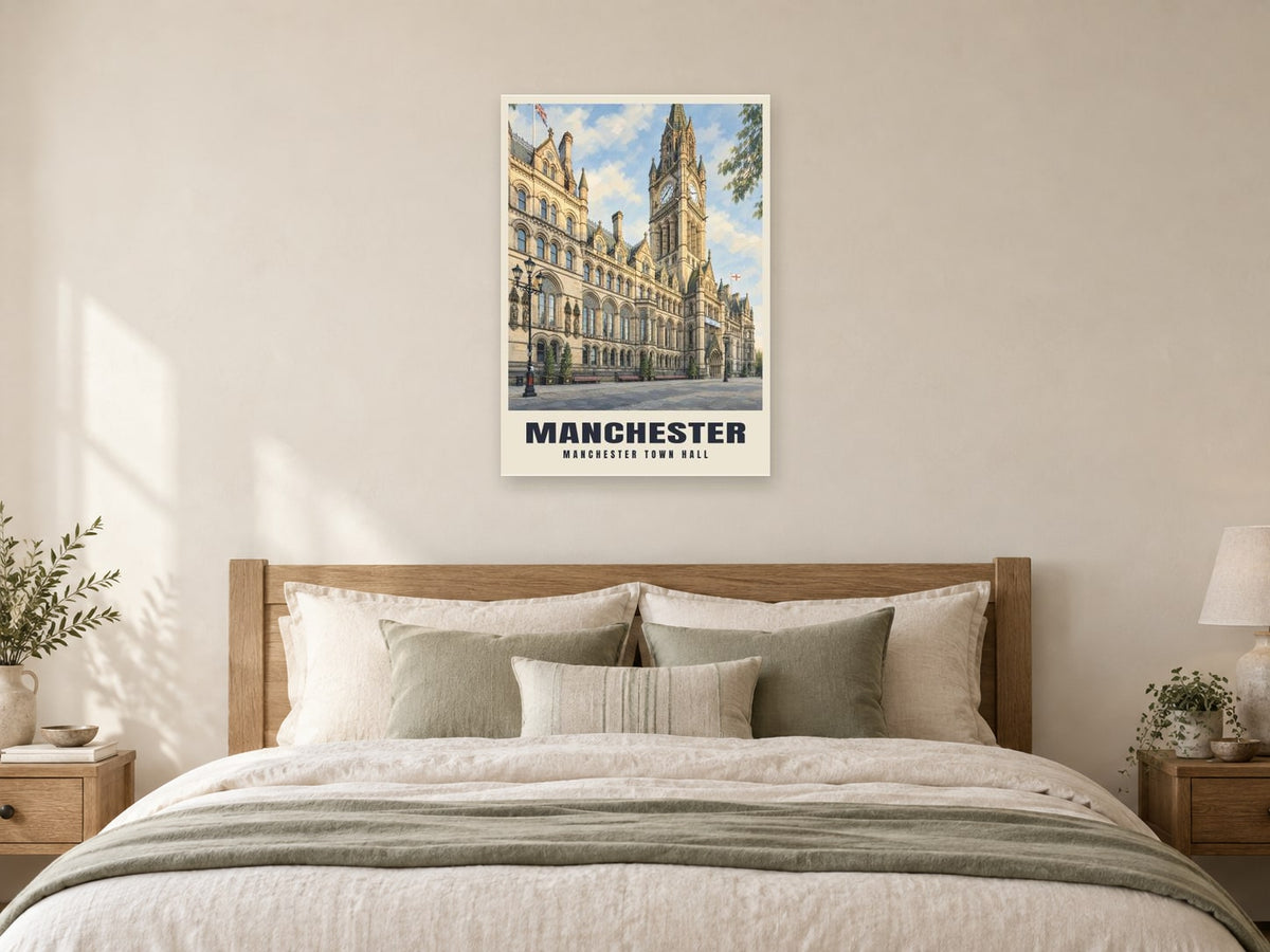 Manchester Town Hall Poster at A1, as a poster, above a bed