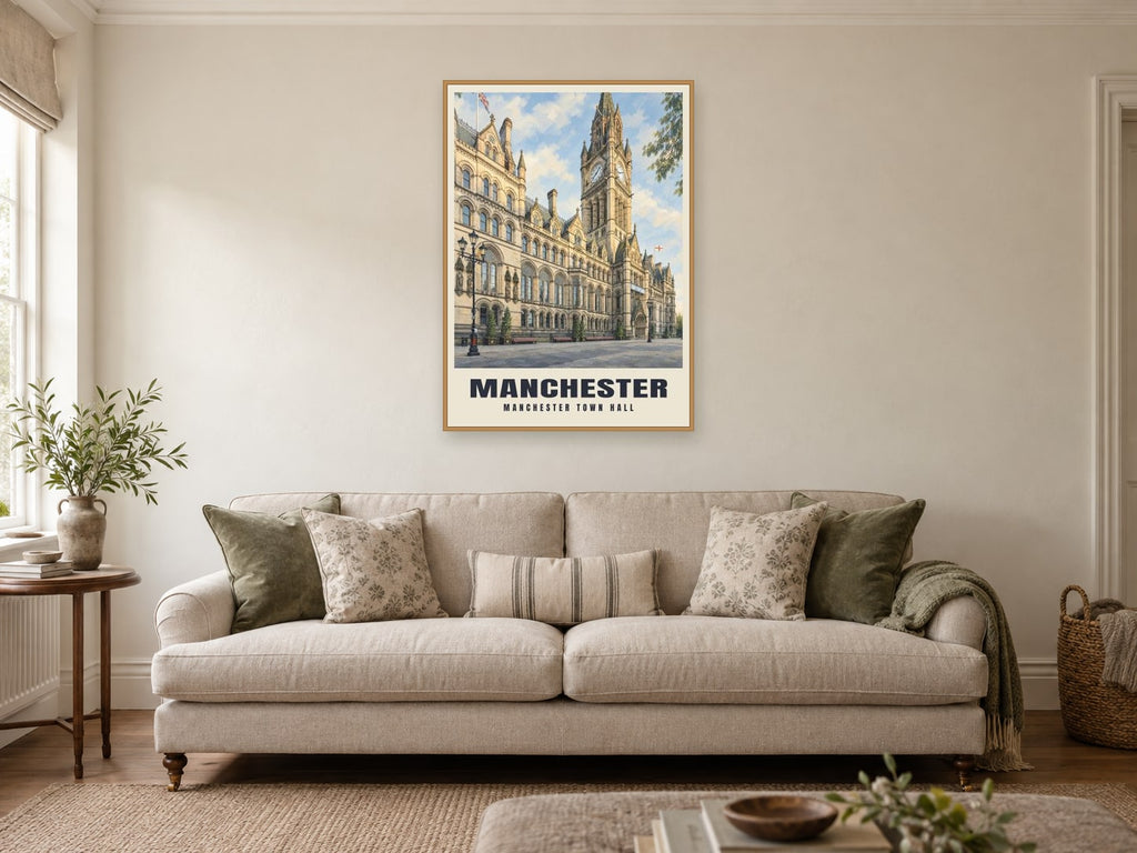 Manchester Town Hall Poster at A1, in a natural wood frame, in a sitting room