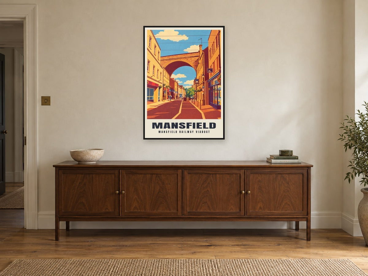 Mansfield Railway Viaduct Poster at A1, in a black frame, above a sideboard