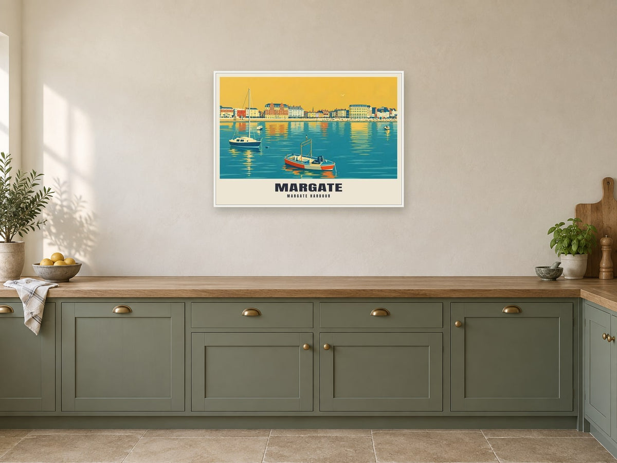 Margate Harbour Poster at A1, in a white frame, in a kitchen