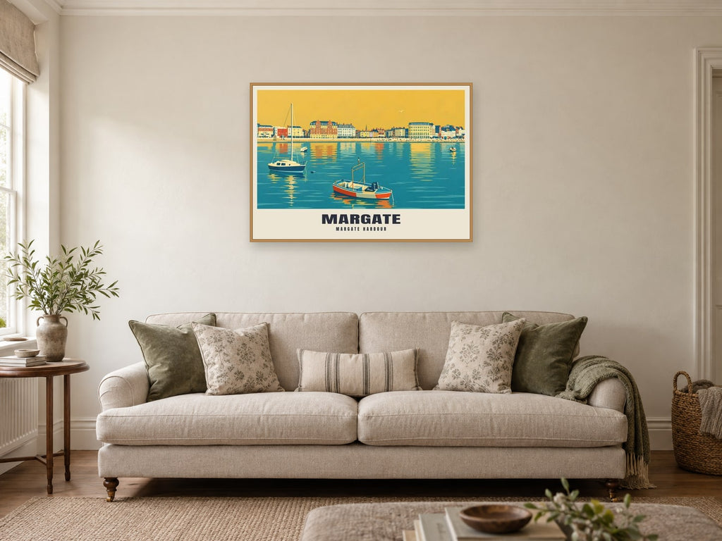 Margate Harbour Poster at A1, in a natural wood frame, in a sitting room