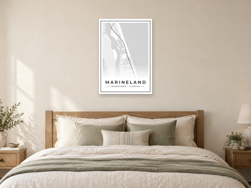 Marineland Downtown Street Map Poster at A1, as a poster, above a bed