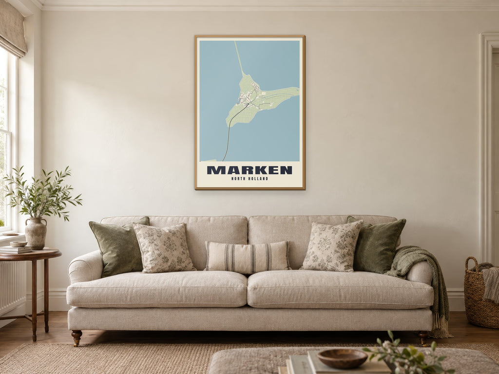 Marken Street Map Poster at A1, in a natural wood frame, in a sitting room