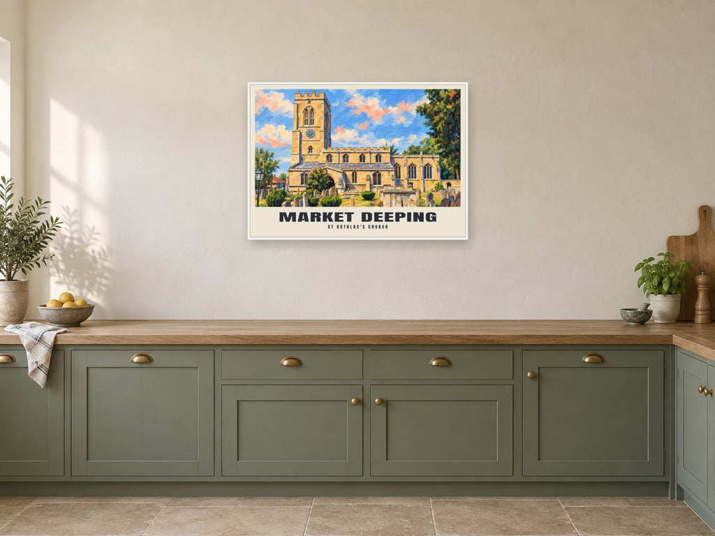 St Guthlac’s Church, Market Deeping Poster at A1, in a white frame, in a kitchen