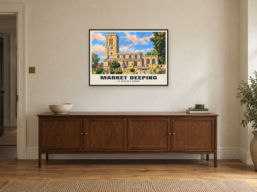 St Guthlac’s Church, Market Deeping Poster at A1, in a black frame, above a sideboard
