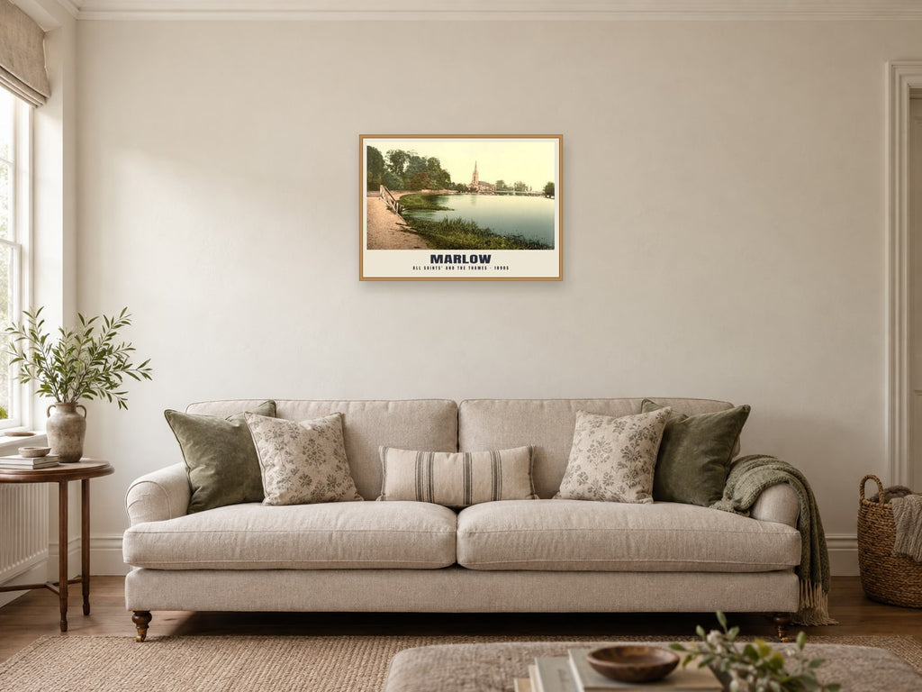 The Thames at Marlow, 1890s Heritage Print at A2, in a natural wood frame, in a sitting room