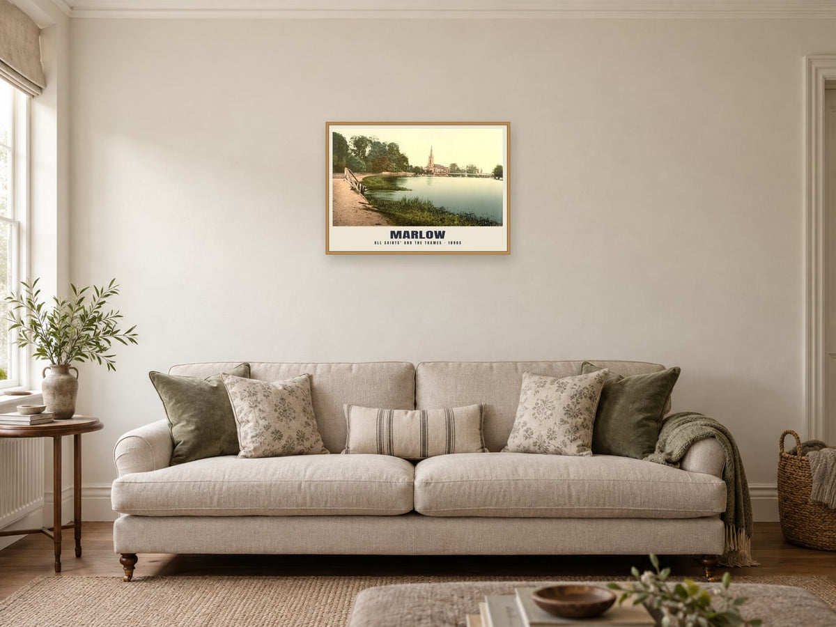 The Thames at Marlow, 1890s Heritage Print at A2, in a natural wood frame, in a sitting room