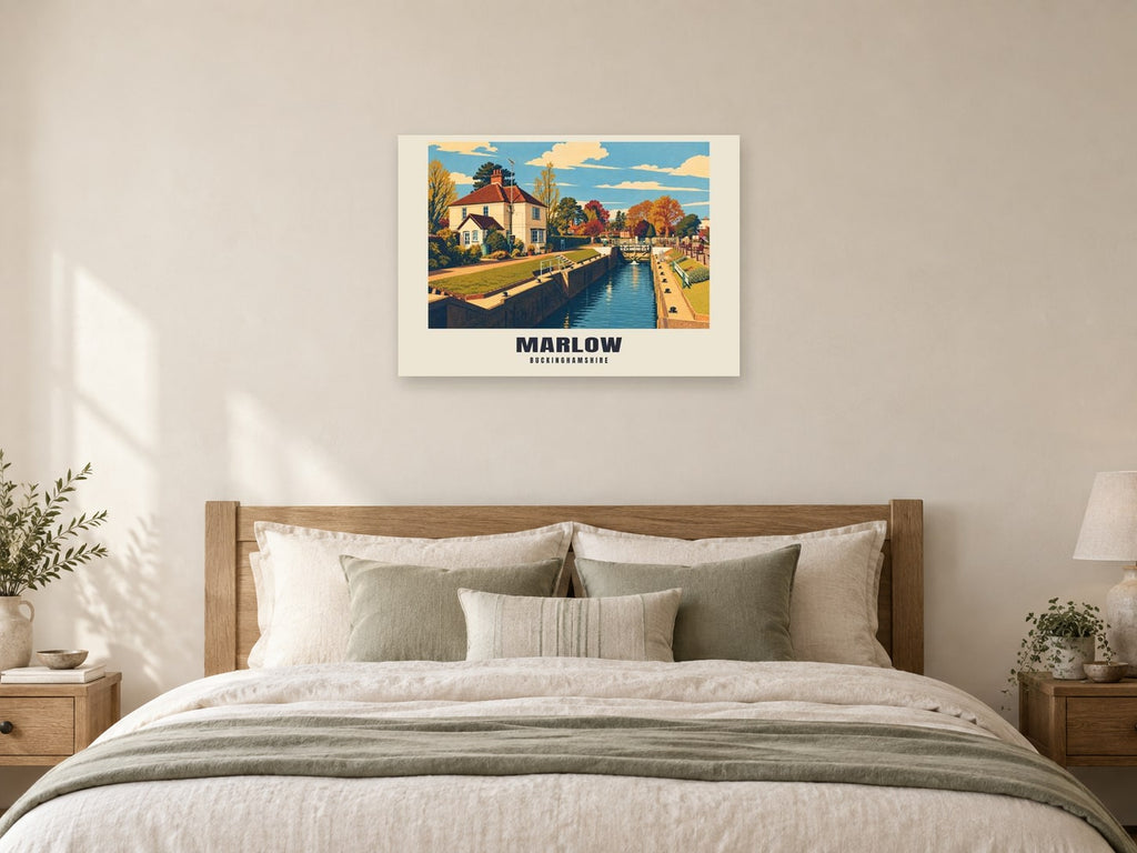 Marlow Poster — Marlow Lock at A1, as a poster, above a bed