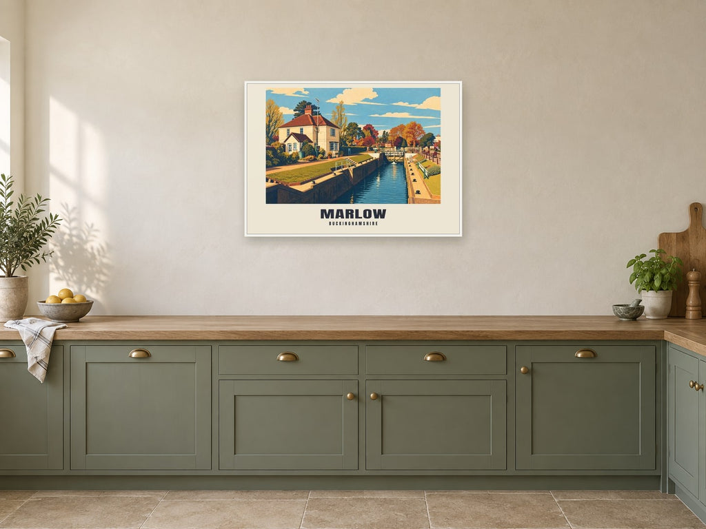 Marlow Poster — Marlow Lock at A1, in a white frame, in a kitchen