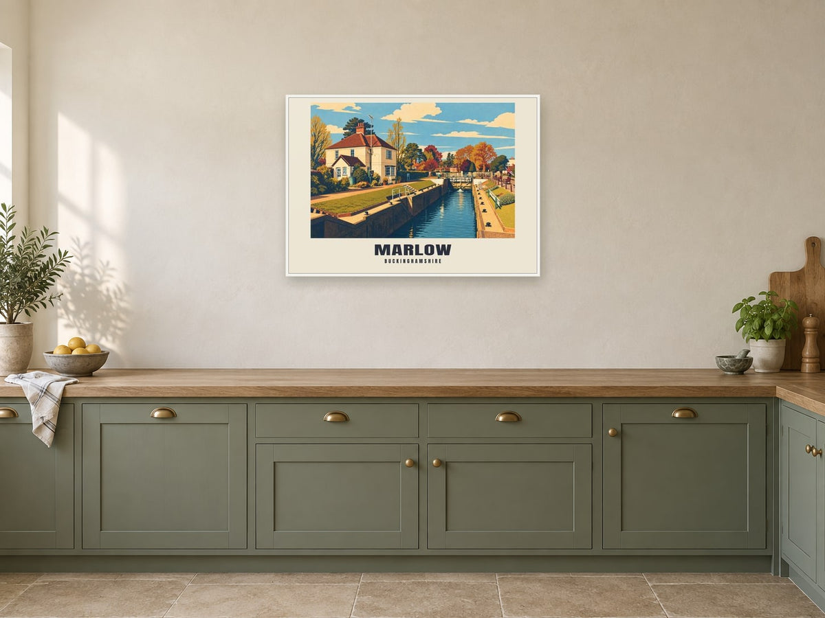 Marlow Poster — Marlow Lock at A1, in a white frame, in a kitchen