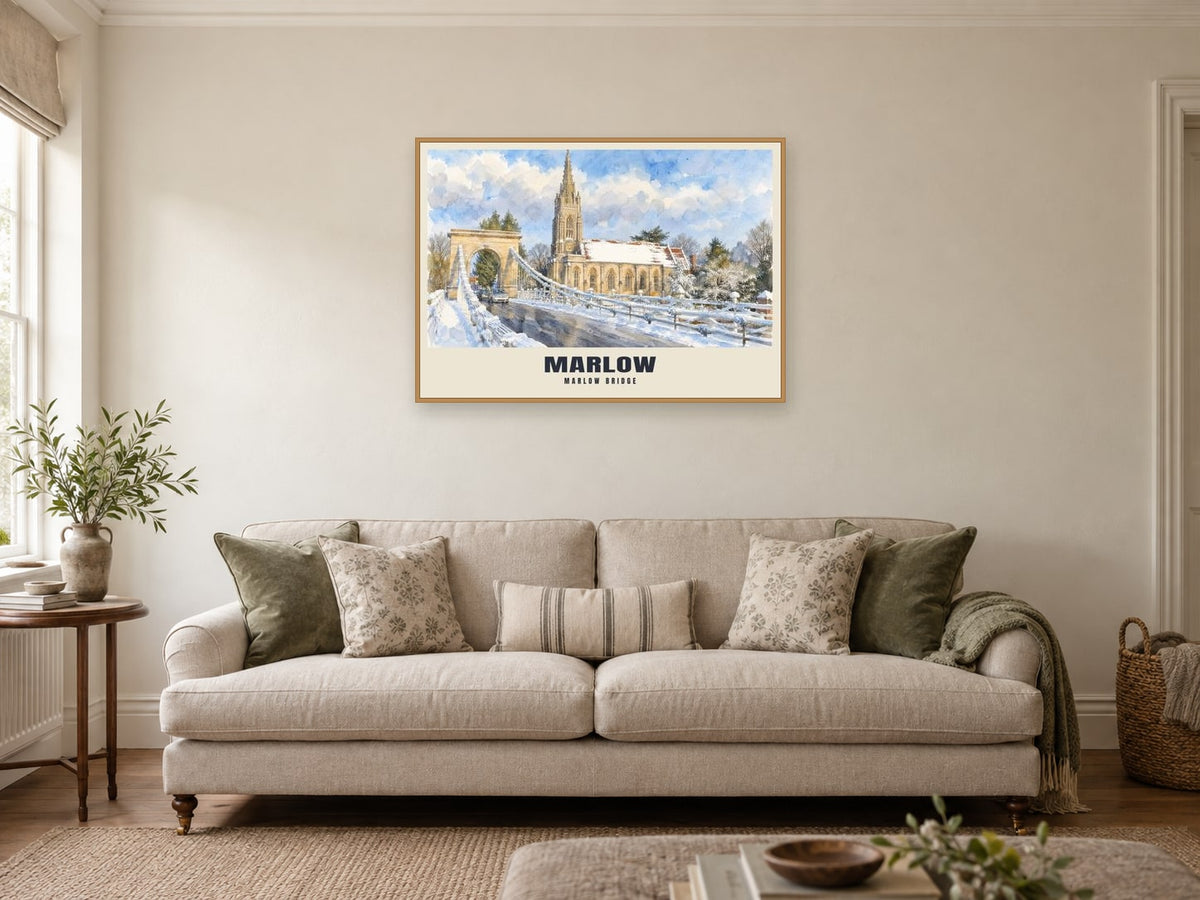 Marlow Suspension Bridge Poster at A1, in a natural wood frame, in a sitting room