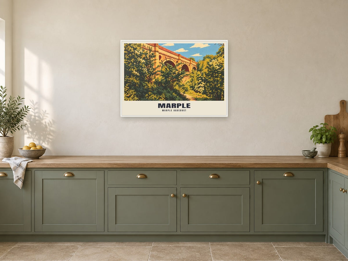 Marple Aqueduct Poster at A1, in a white frame, in a kitchen