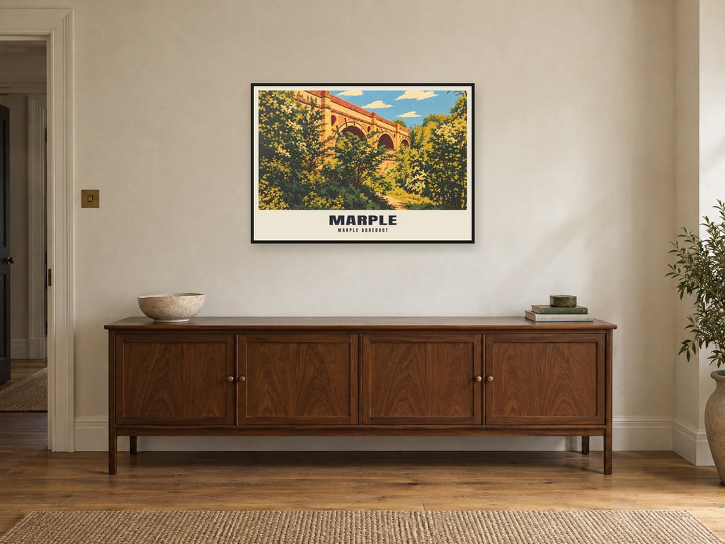 Marple Aqueduct Poster at A1, in a black frame, above a sideboard