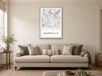 Marseille City Centre Street Map Poster at A1, in a natural wood frame, in a sitting room