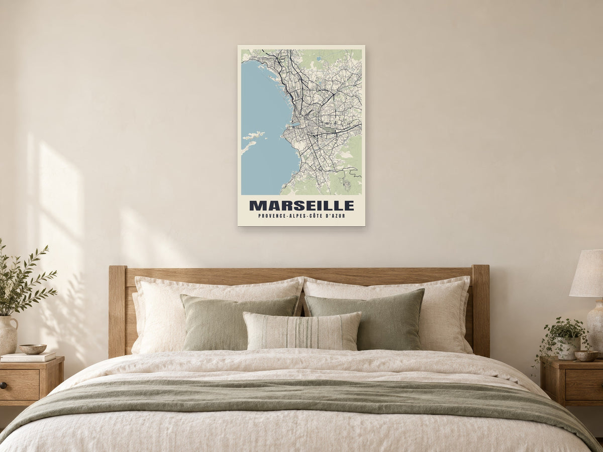 Marseille Street Map Poster at A1, as a poster, above a bed