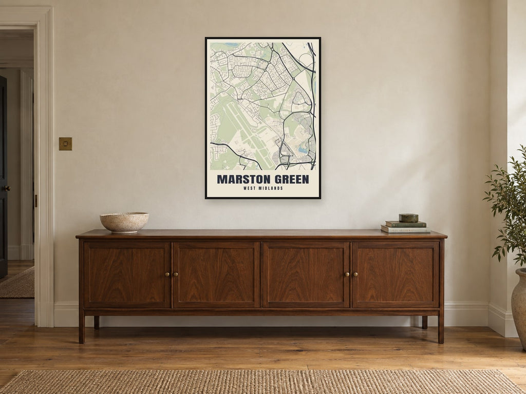 Marston Green Street Map Poster at A1, in a black frame, above a sideboard