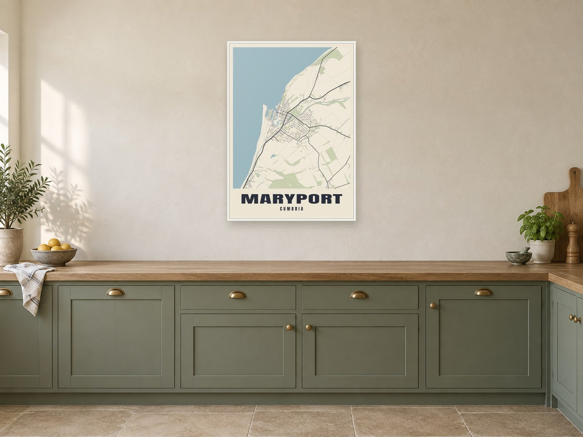 Maryport Street Map Poster at A1, in a white frame, in a kitchen