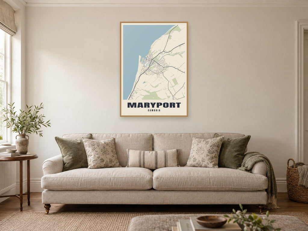 Maryport Street Map Poster at A1, in a natural wood frame, in a sitting room