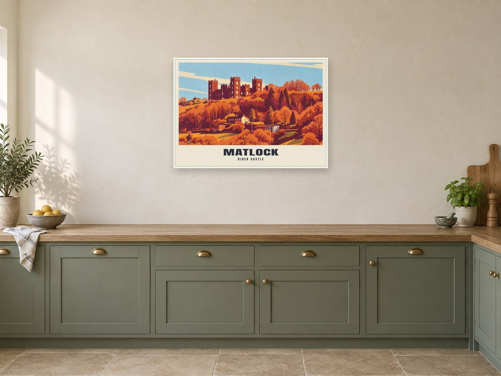Riber Castle, Matlock Poster at A1, in a white frame, in a kitchen