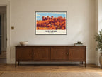Riber Castle, Matlock Poster at A1, in a black frame, above a sideboard