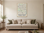 Mayfair Heritage Street Map Poster at A1, in a natural wood frame, in a sitting room