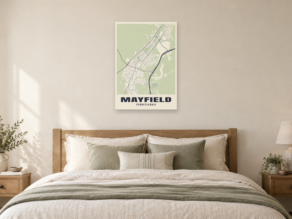 Mayfield Street Map Poster at A1, as a poster, above a bed