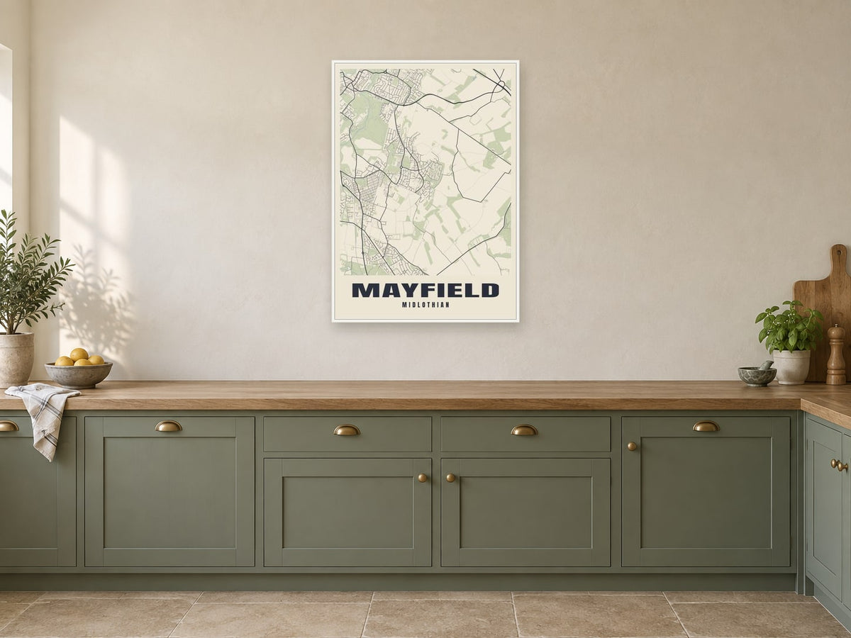 Mayfield Street Map Poster at A1, in a white frame, in a kitchen