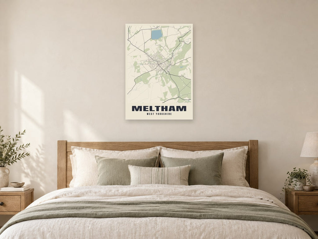 Meltham Street Map Poster at A1, as a poster, above a bed