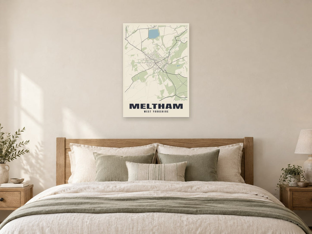 Meltham Street Map Poster at A1, as a poster, above a bed