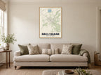 Meltham Street Map Poster at A1, in a natural wood frame, in a sitting room