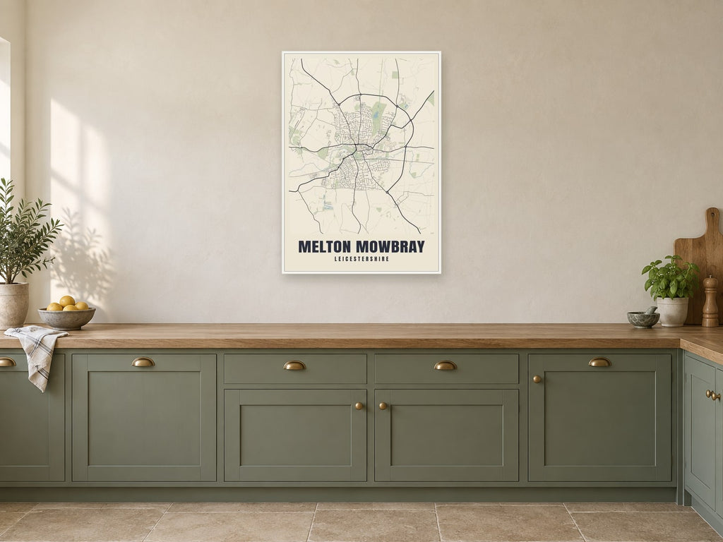 Melton Mowbray Street Map Poster at A1, in a white frame, in a kitchen