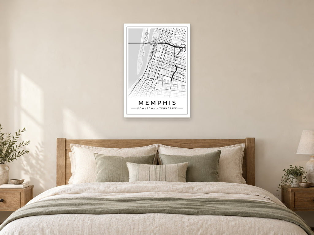 Memphis Downtown Street Map Poster at A1, as a poster, above a bed