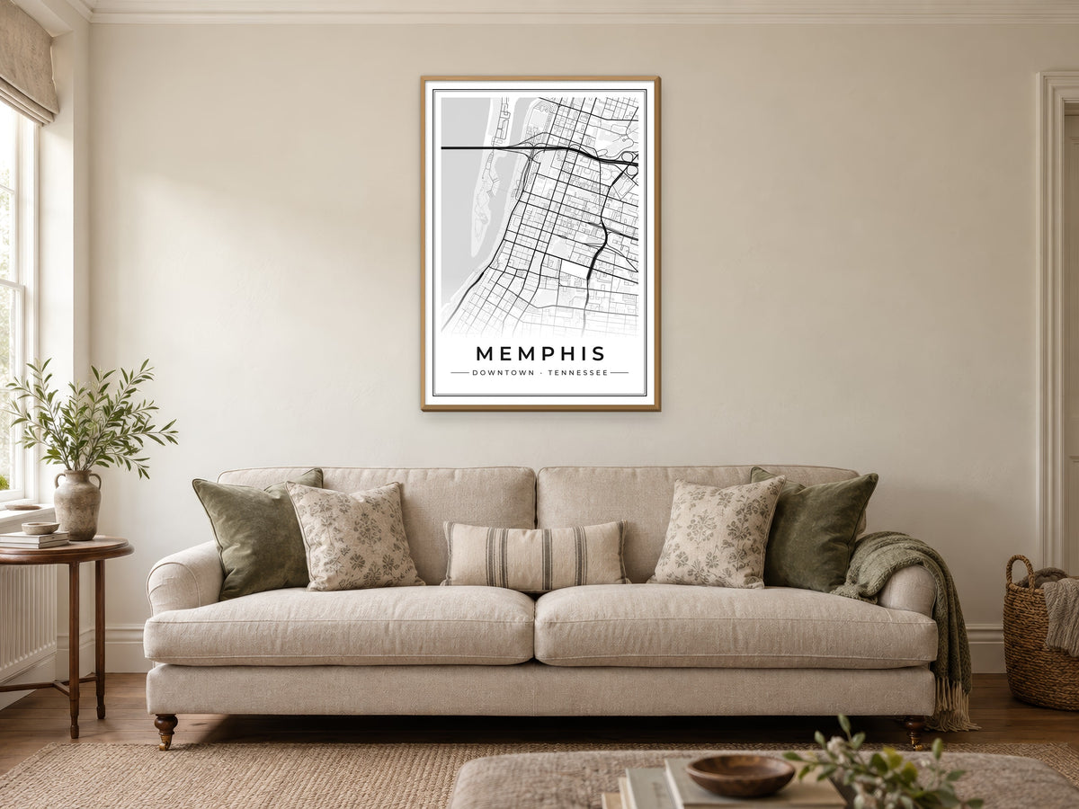 Memphis Downtown Street Map Poster at A1, in a natural wood frame, in a sitting room