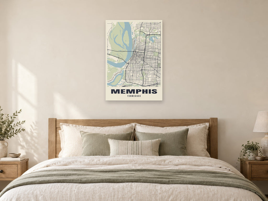 Memphis Street Map Poster at A1, as a poster, above a bed