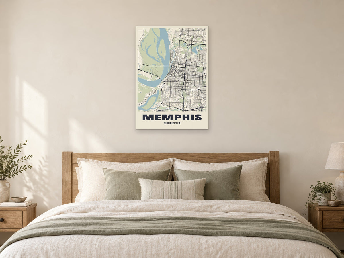 Memphis Street Map Poster at A1, as a poster, above a bed