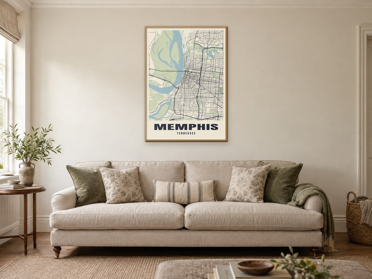 Memphis Street Map Poster at A1, in a natural wood frame, in a sitting room