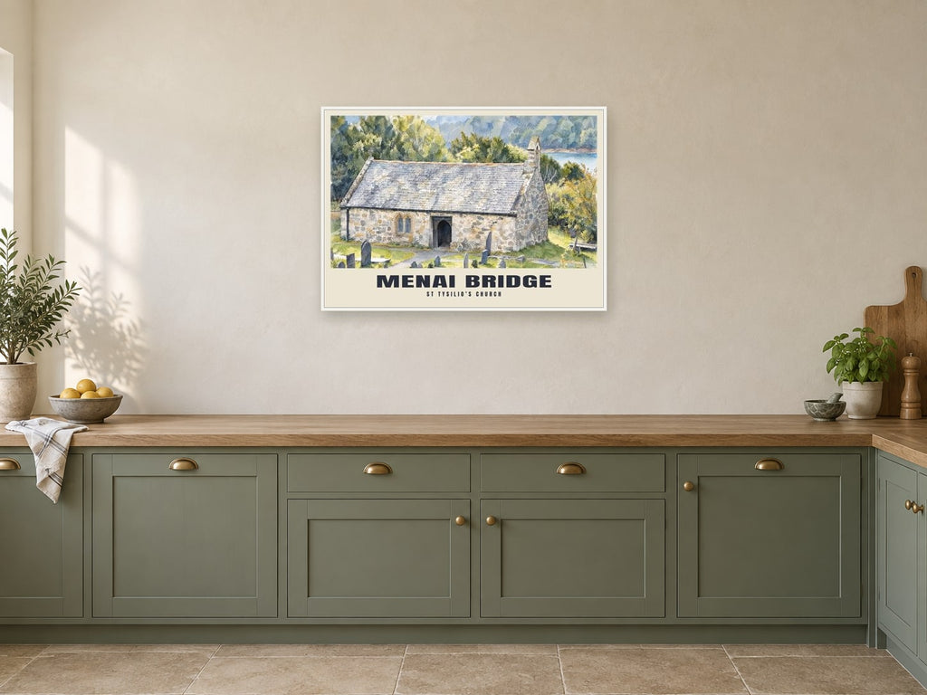 St Tysilio’s Church, Menai Bridge Poster at A1, in a white frame, in a kitchen