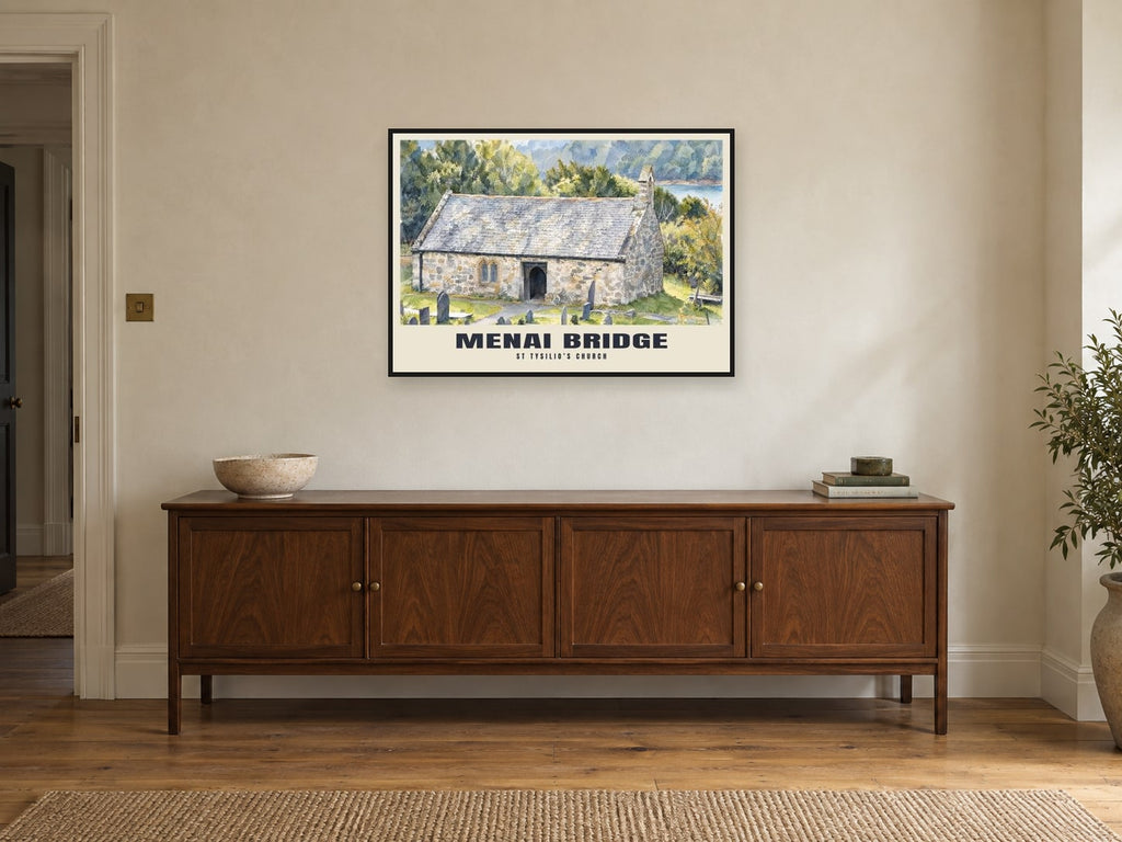 St Tysilio’s Church, Menai Bridge Poster at A1, in a black frame, above a sideboard