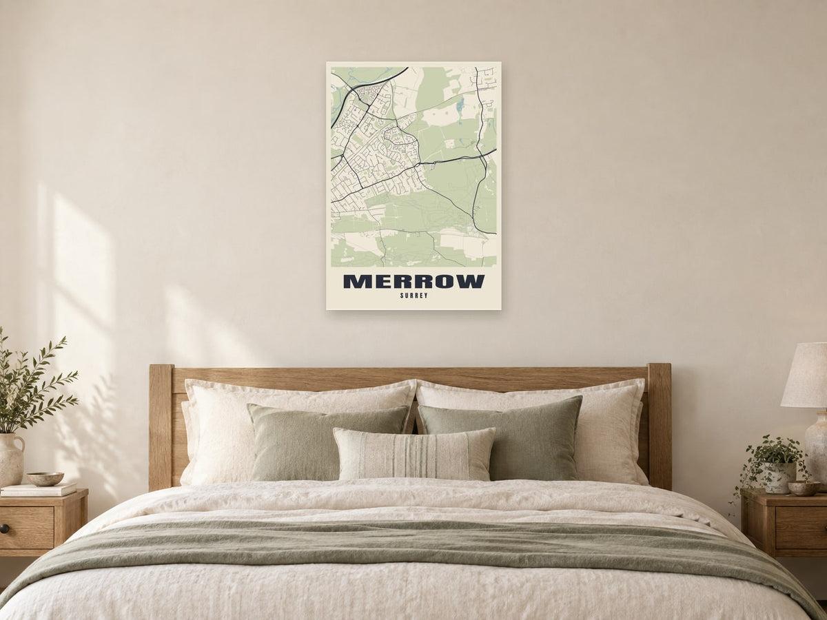 Merrow Street Map Poster at A1, as a poster, above a bed