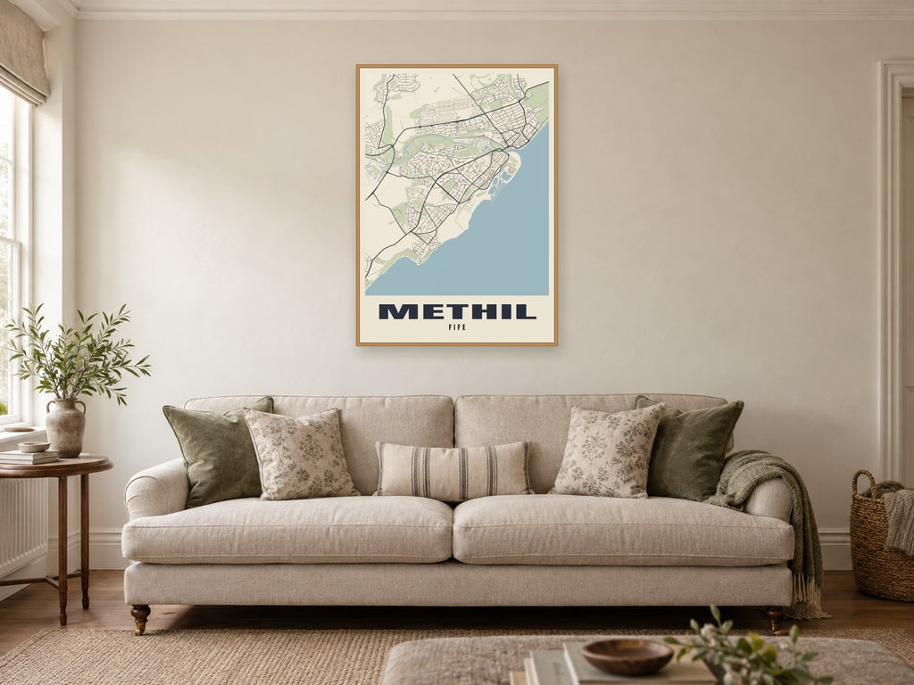 Methil Street Map Poster at A1, in a natural wood frame, in a sitting room