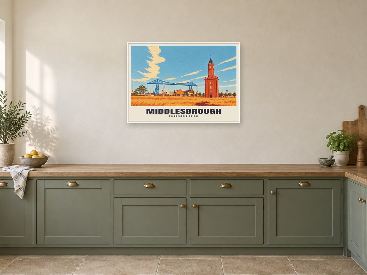 Transporter Bridge, Middlesbrough Poster at A1, in a white frame, in a kitchen