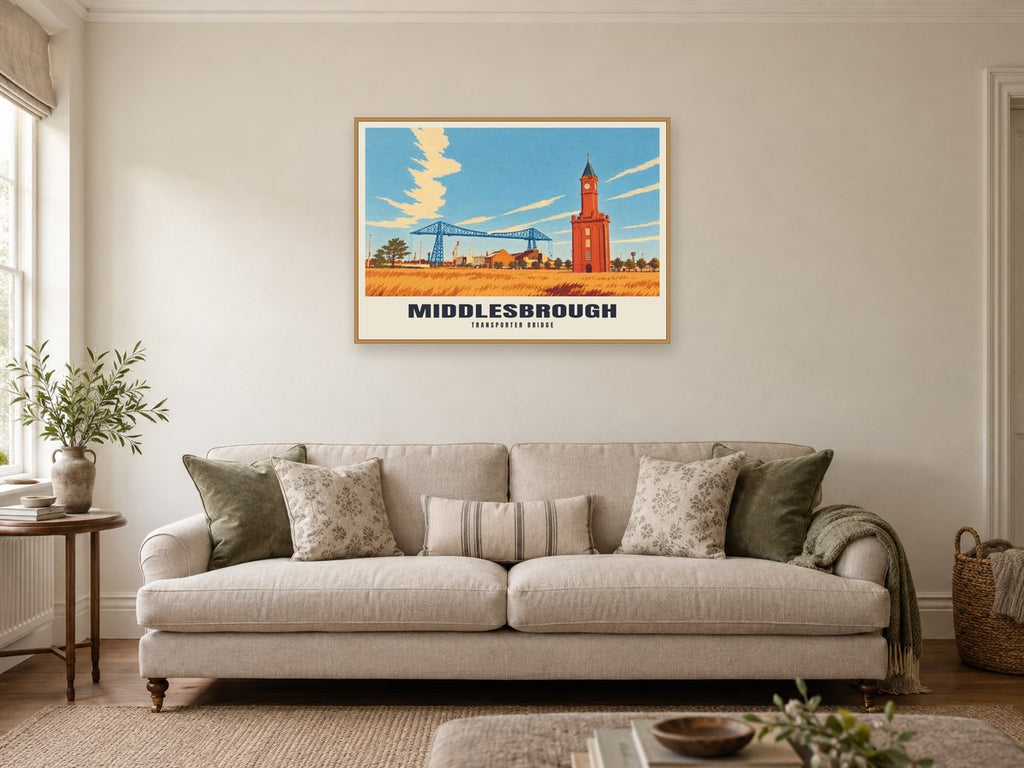 Transporter Bridge, Middlesbrough Poster at A1, in a natural wood frame, in a sitting room