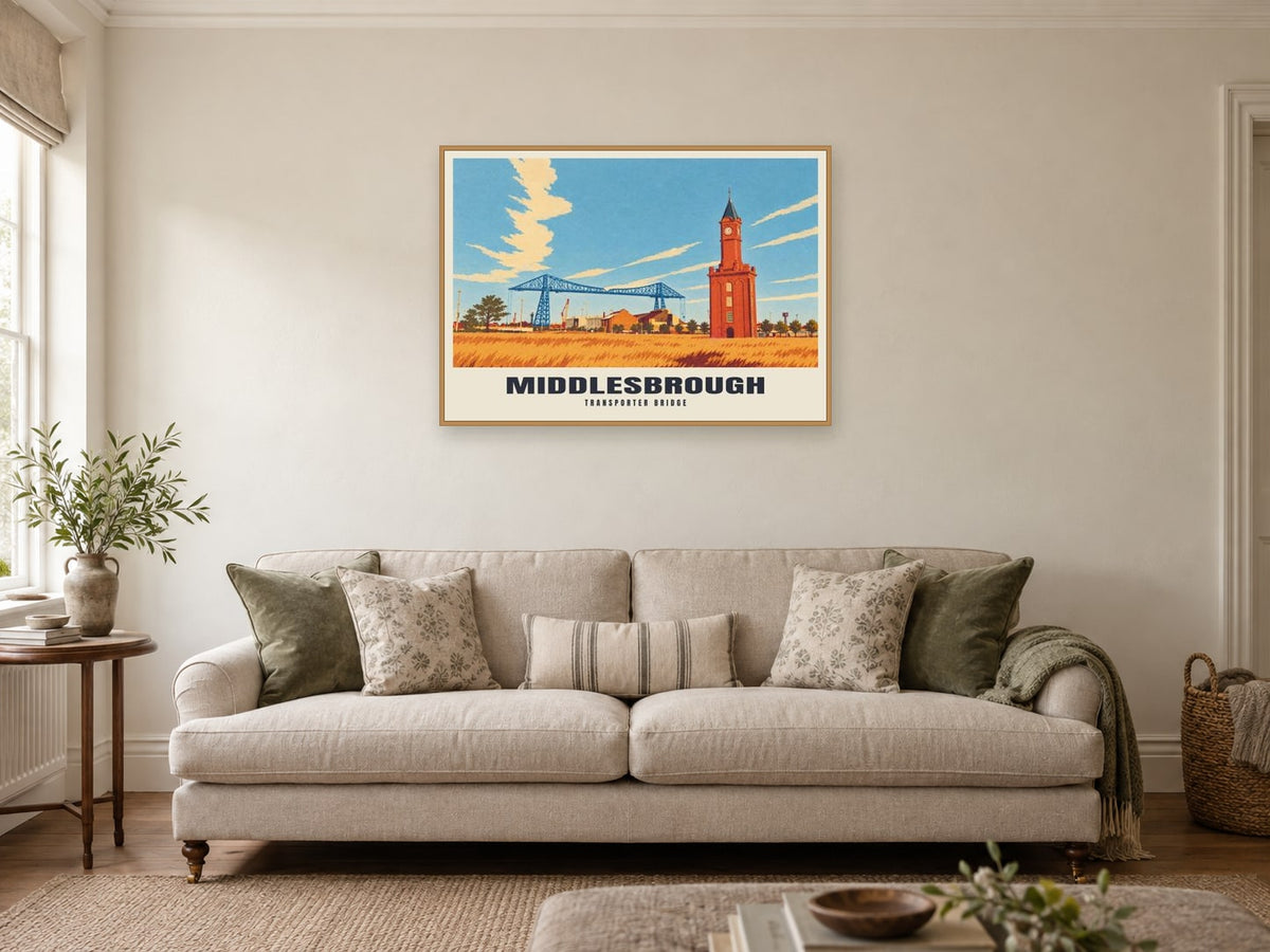 Transporter Bridge, Middlesbrough Poster at A1, in a natural wood frame, in a sitting room