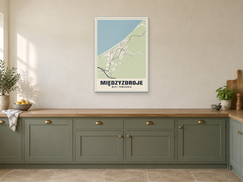 Międzyzdroje Street Map Poster at A1, in a white frame, in a kitchen