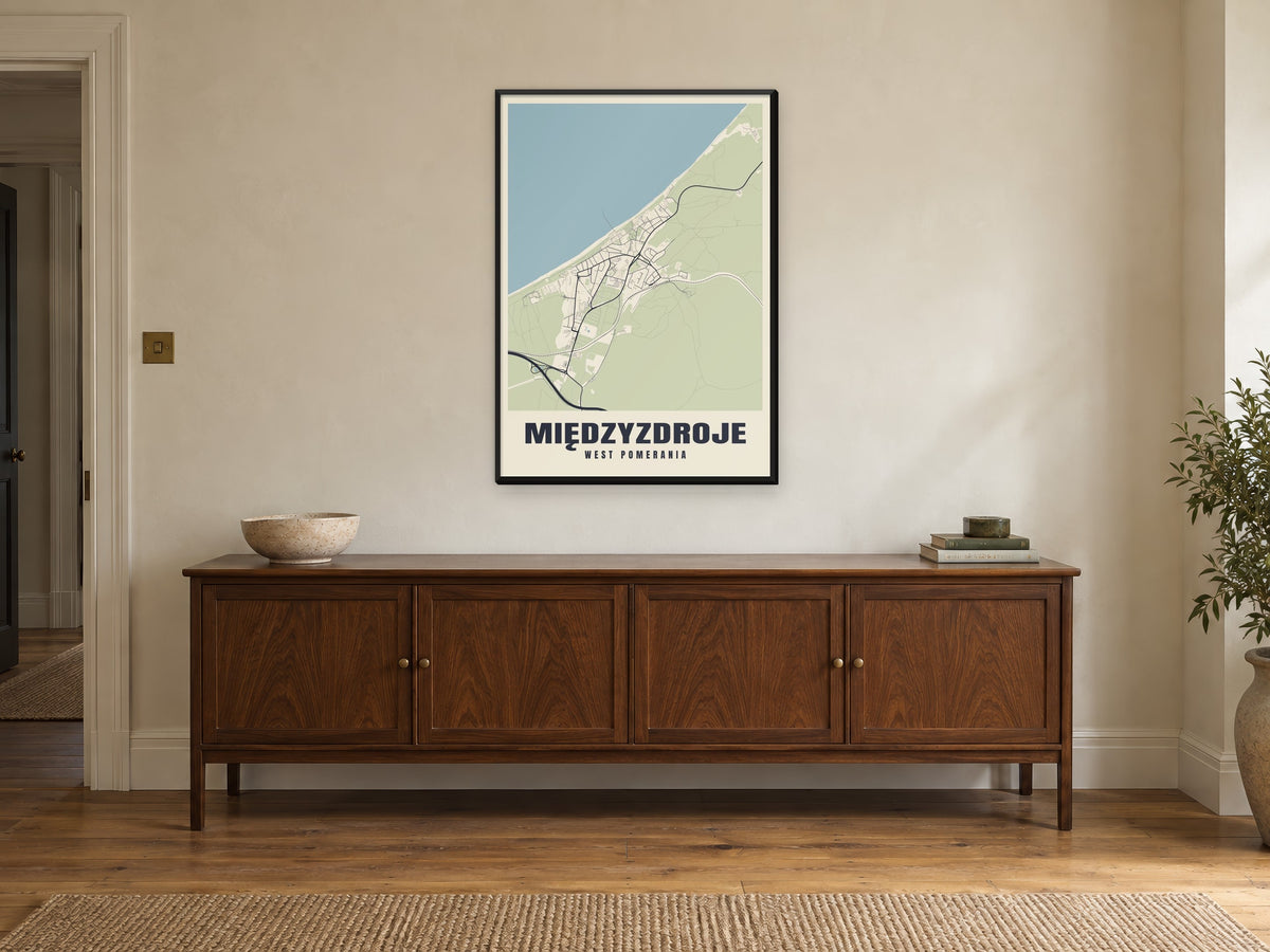 Międzyzdroje Street Map Poster at A1, in a black frame, above a sideboard