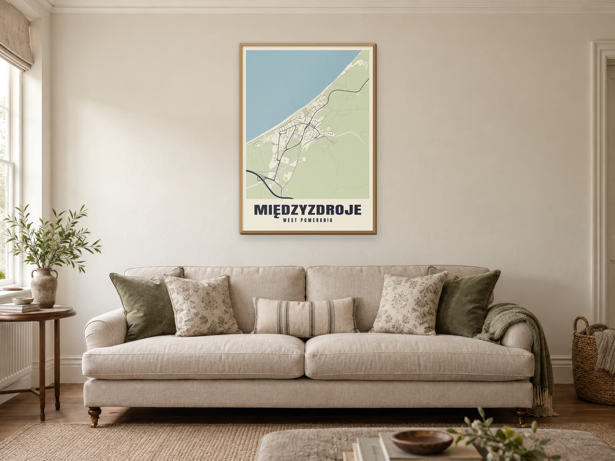 Międzyzdroje Street Map Poster at A1, in a natural wood frame, in a sitting room
