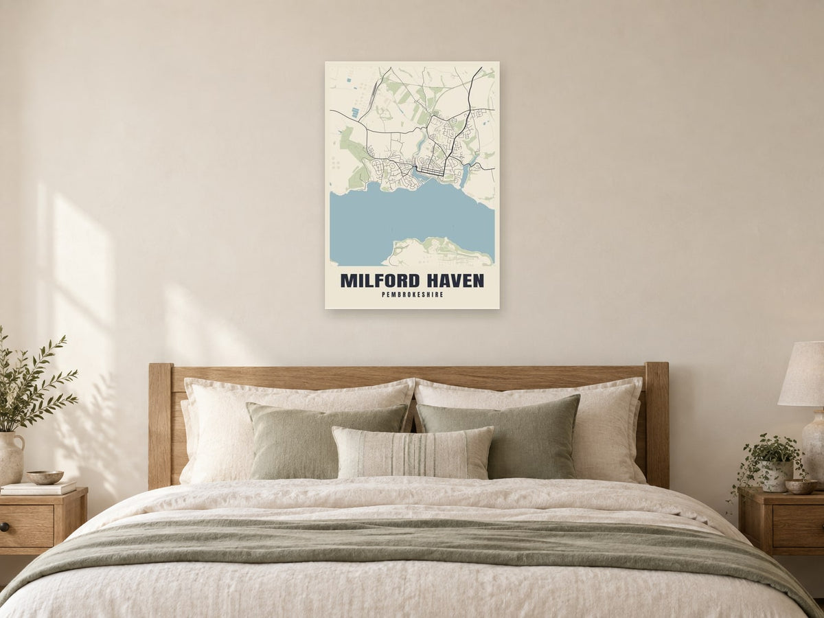 Milford Haven Street Map Poster at A1, as a poster, above a bed