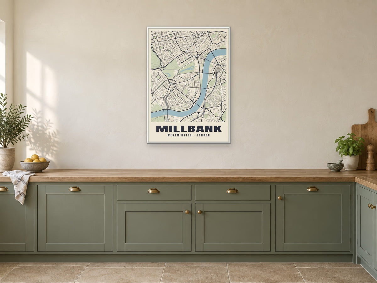 Millbank Heritage Street Map Poster at A1, in a white frame, in a kitchen