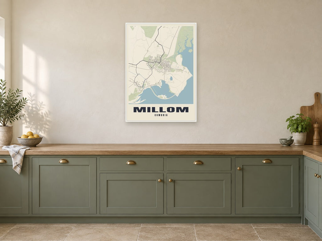 Millom Street Map Poster at A1, in a white frame, in a kitchen