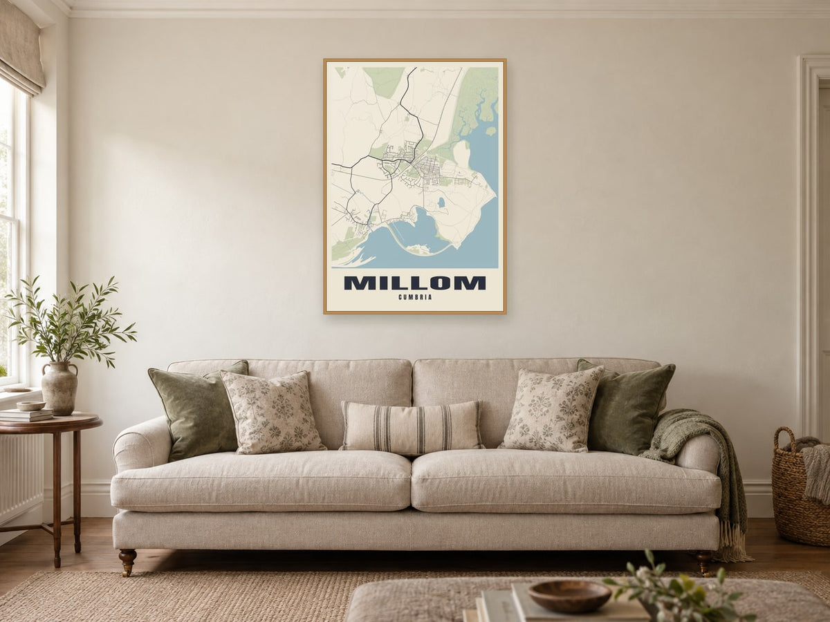 Millom Street Map Poster at A1, in a natural wood frame, in a sitting room